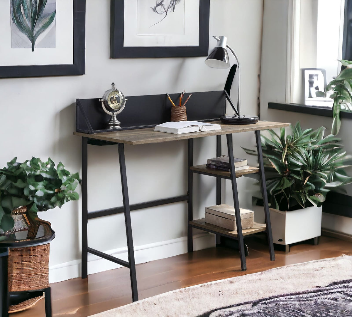 Rustic Oak Writing Desk with Black Legs & Storage for Home Office