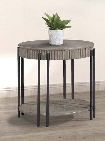 Round Black Brown Wood End Table with Storage Shelf for Living Room