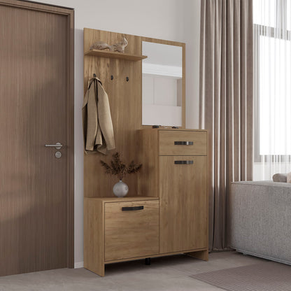 Natural Wood Hall Tree with Mirror & Storage