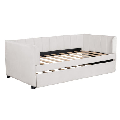 Beige Velvet Daybed with Trundle - Twin Size for Bedroom