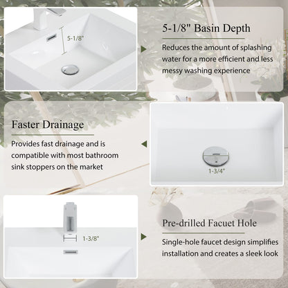 Glossy White Bathroom Vanity with Sink - 29.5" Storage Cabinet
