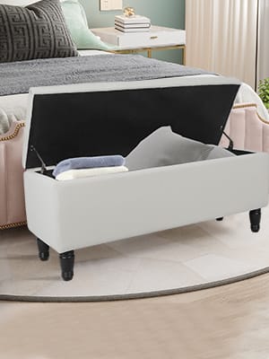 White Velvet Storage Ottoman Bench - 47" End of Bed Footstool