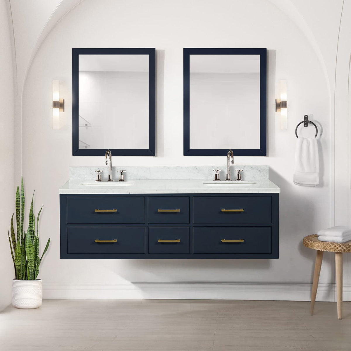 60 Inch Blue Double Bathroom Vanity with Carrara Marble Top