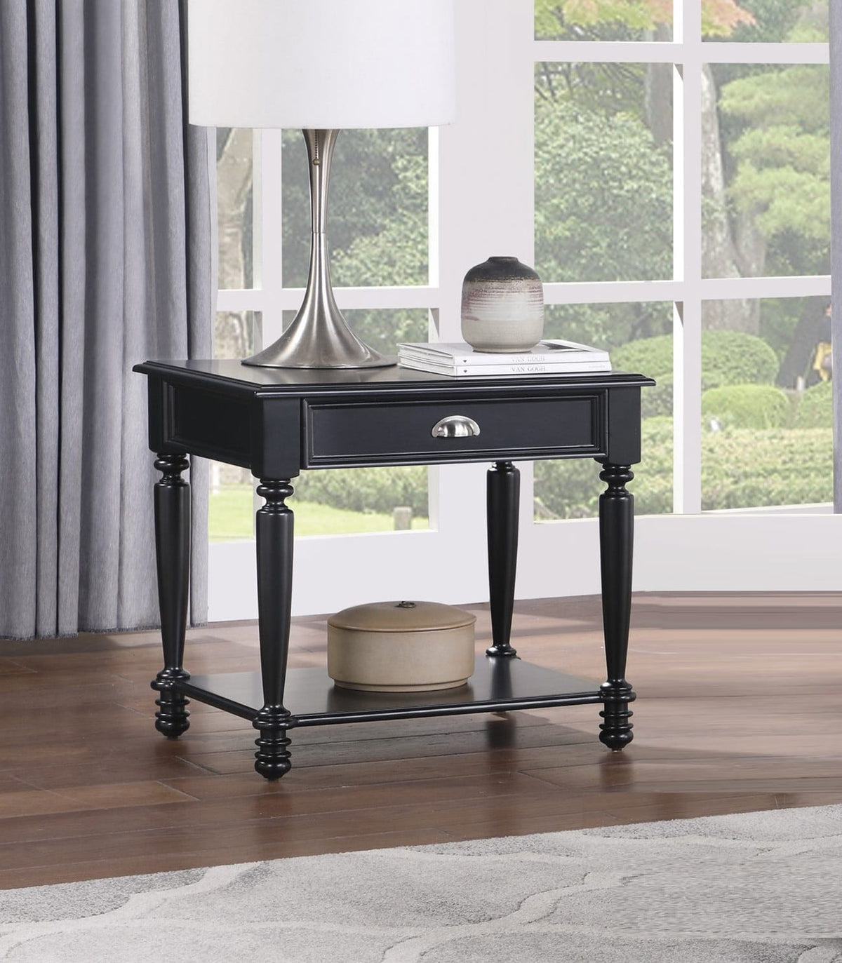 Black Rectangular End Table with Drawer - Classic Style