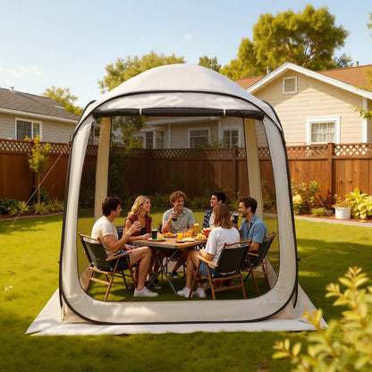 6 Person Beige Steel Pop Up Screen Tent - Garden Patio
