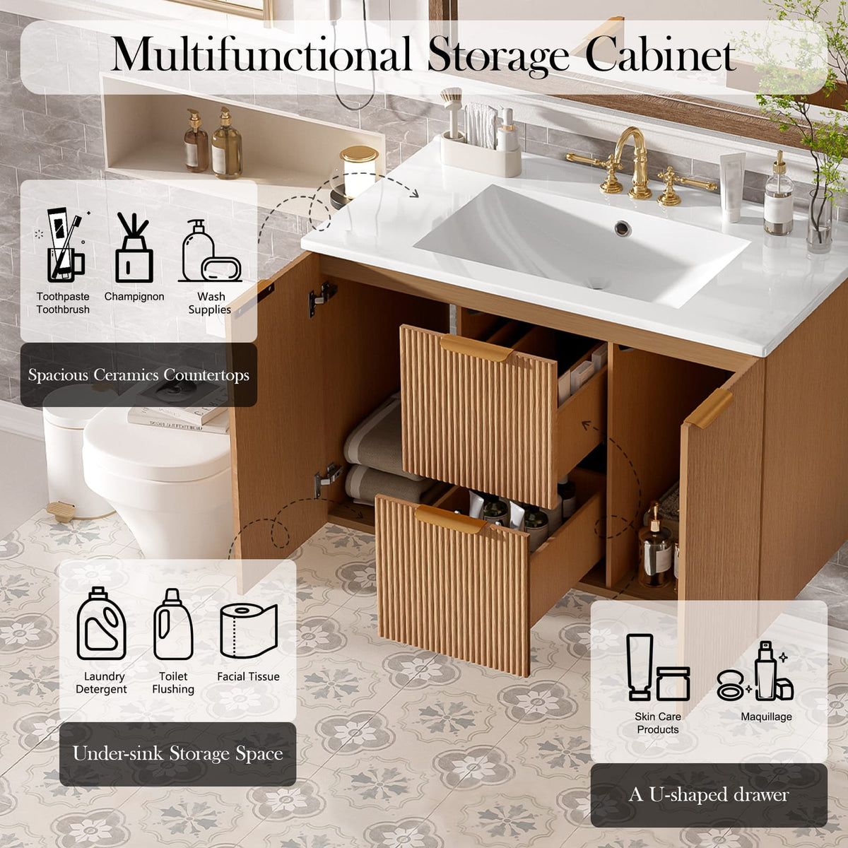 36" Wood MDF Bathroom Vanity - Wall Mounted Storage