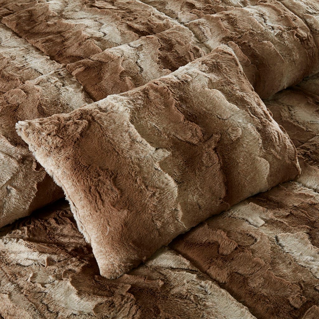 King Size Brown Polyester Faux Fur Comforter Set