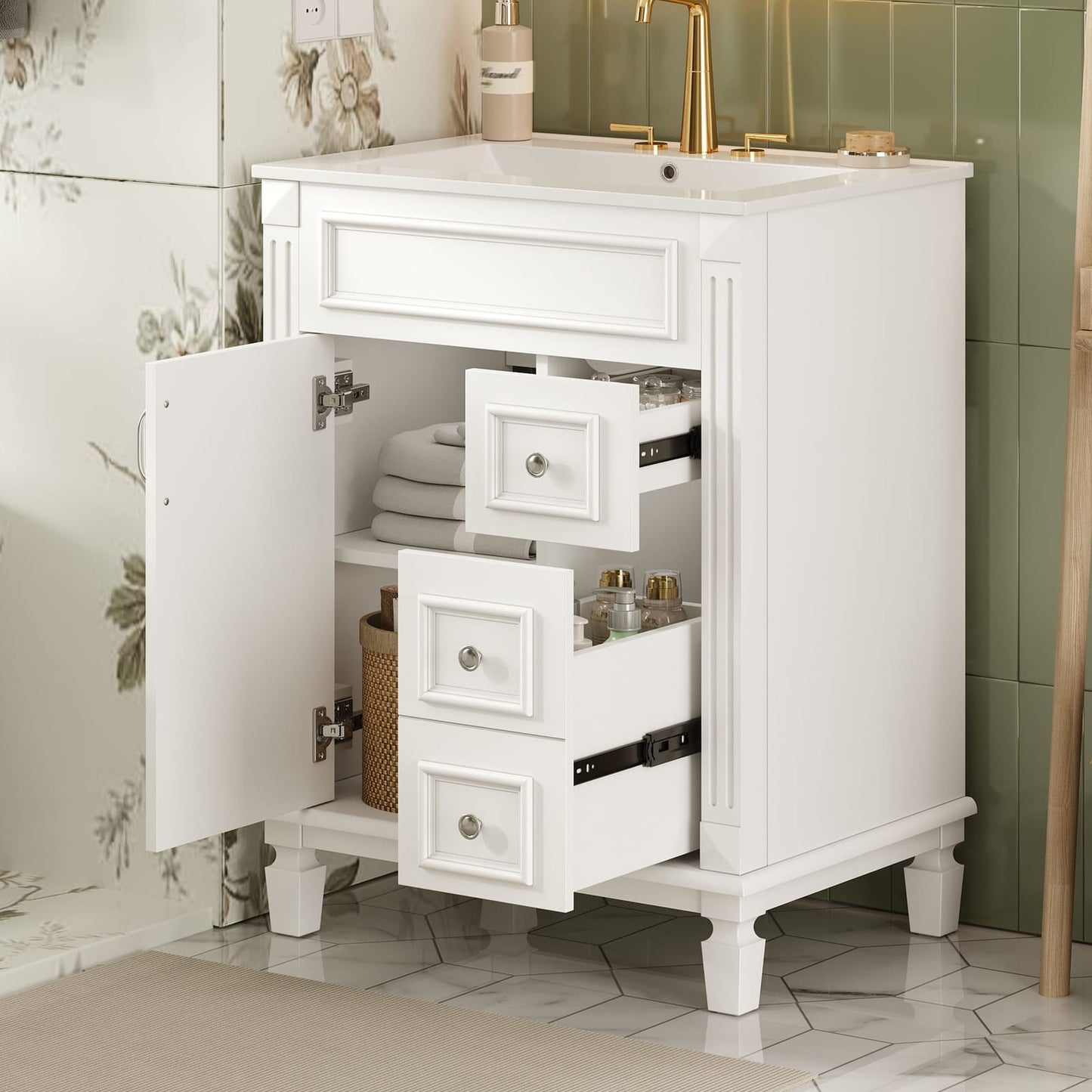 24 Inch White Bathroom Vanity with Ceramic Sink and Two Drawers