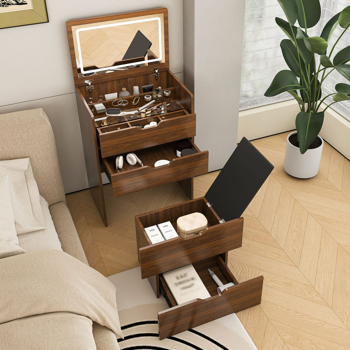 Walnut 3-in-1 Vanity Desk with Mirror and Stool for Storage for Bedroom