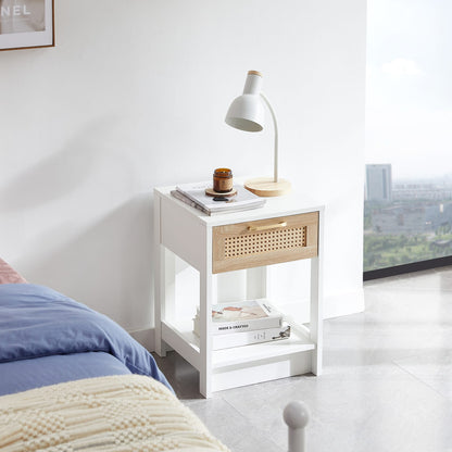 White Rattan End Table with Drawer - Nightstand for Bedroom or Living Room