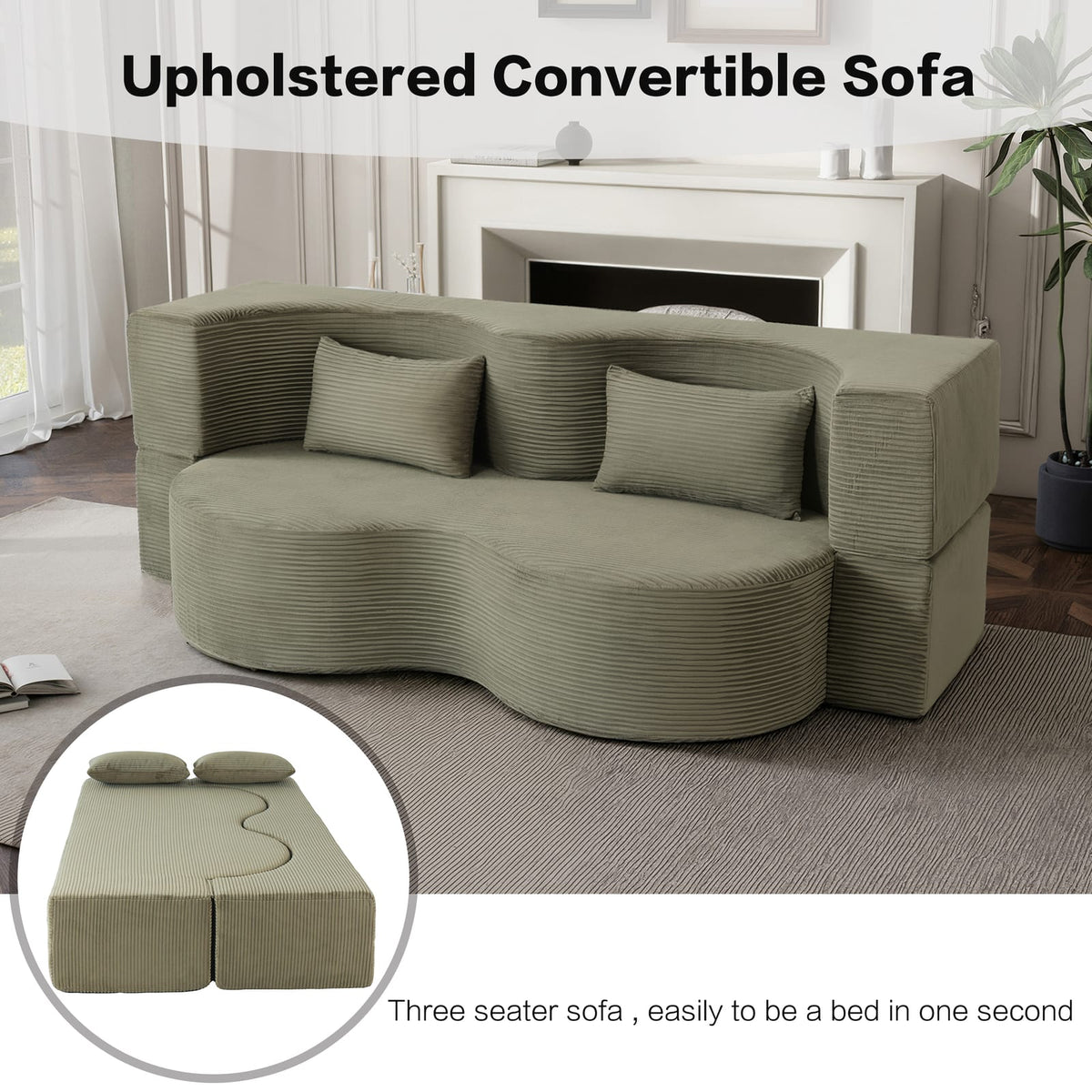 75 Inch Green Microfiber Sofa Bed - Converts to Bed for Living Room