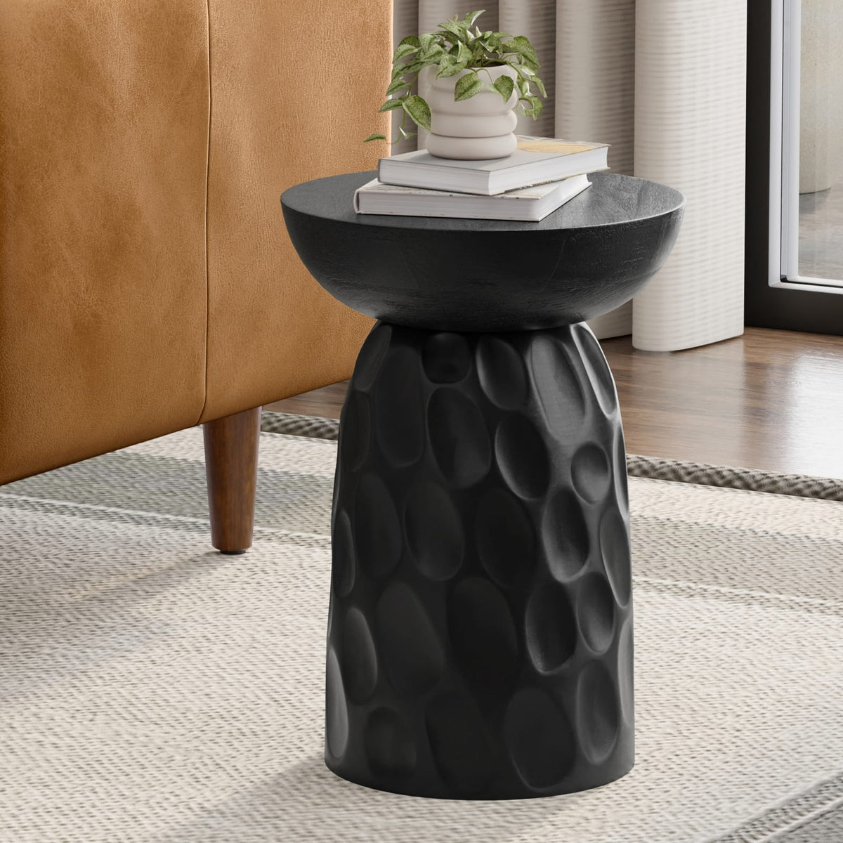 Black Mango Wood Nightstand for Bedroom Storage and Decor for Living Room