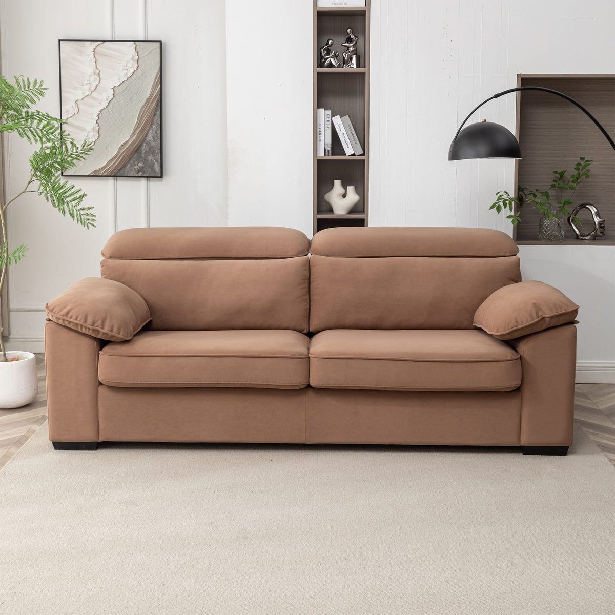 Living Room Convertible Queen Sofa Bed in Brown Polyester with Wooden Frame for