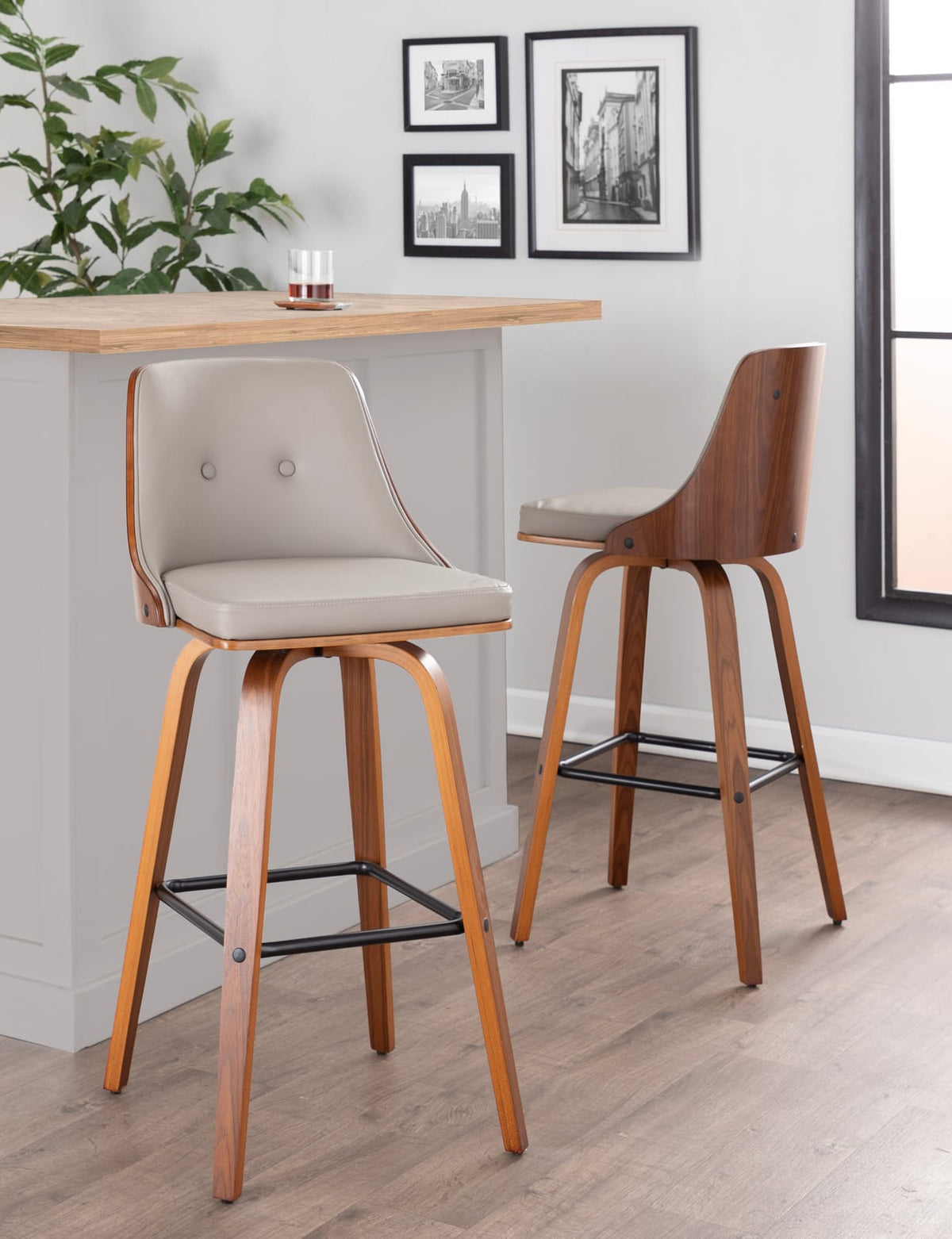 Fixed-Height Barstool Set - Light Grey Faux Leather, Walnut Wood