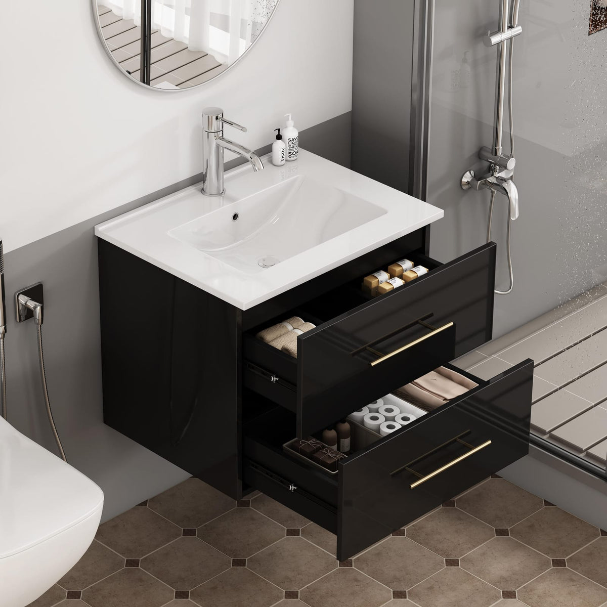 24-Inch Wall Mounted Bathroom Vanity with Sink Combo - Black MDF