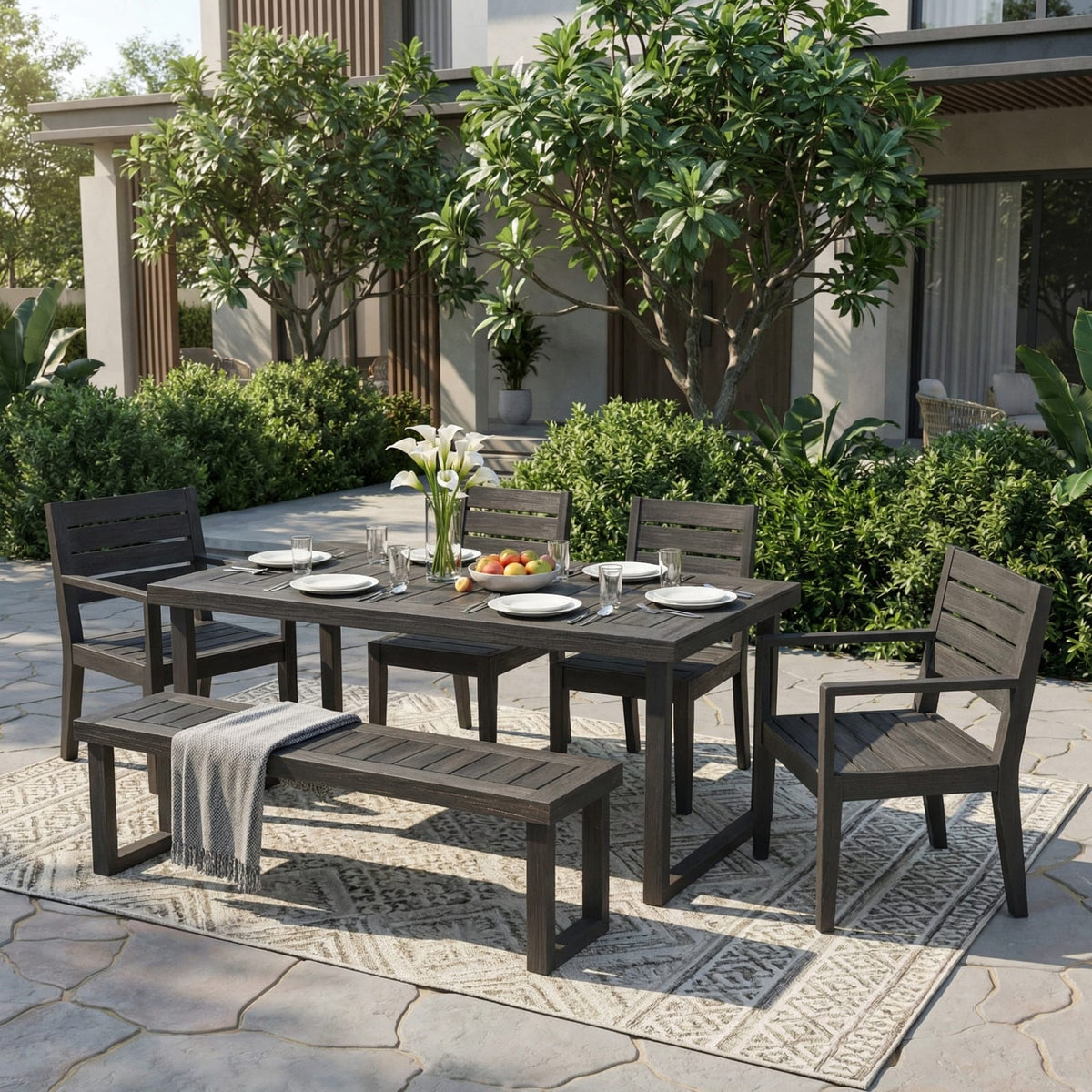 Outdoor Acacia Wood Dining Set - 6 Seats, Dark Grey Cushions
