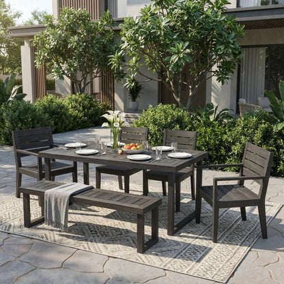 Outdoor Acacia Wood Dining Set - 6 Seats, Dark Grey Cushions