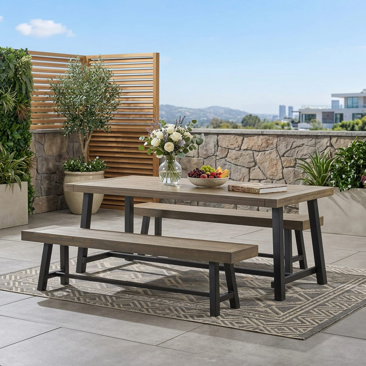 Modern Industrial Acacia Wood Patio Picnic Set in Grey and Black