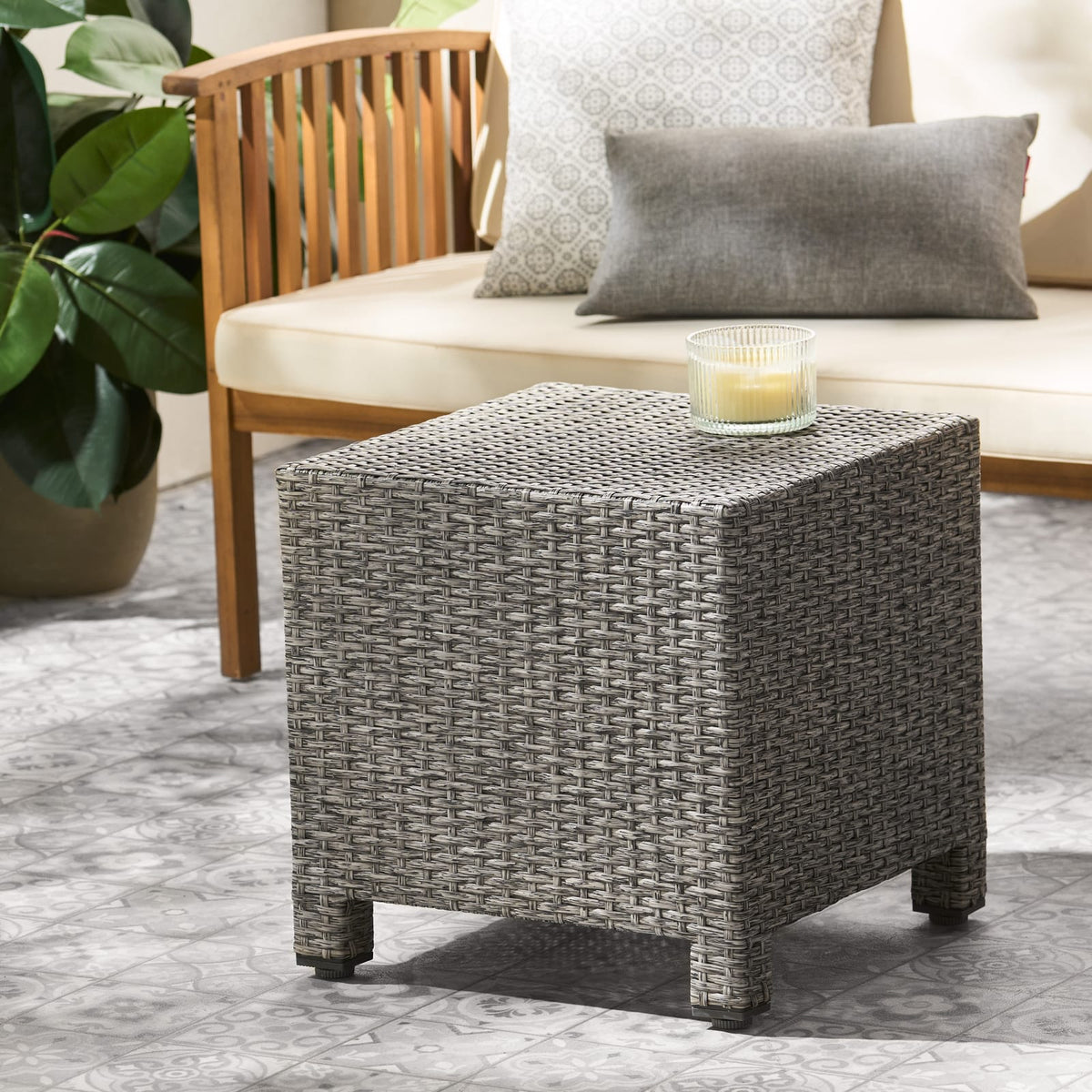 Black Rattan Outdoor Side Table - 18" Cube