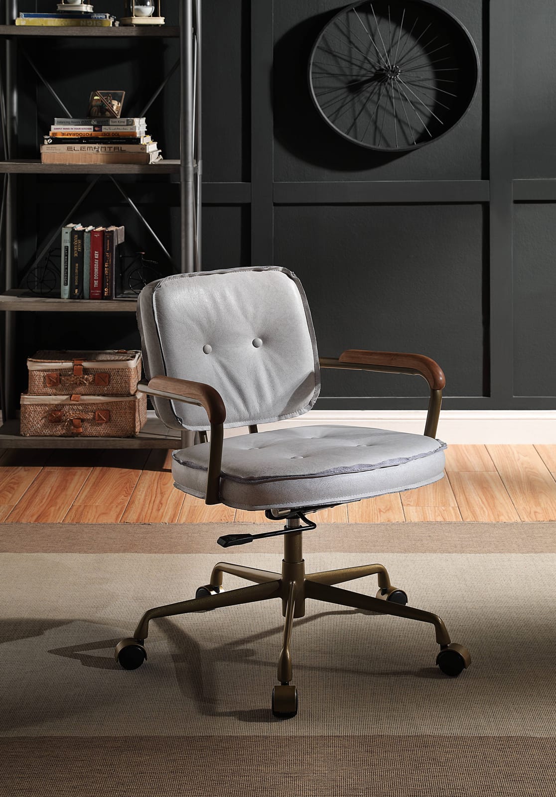 Antique White Gray Leather Office Chair - 360 Swivel