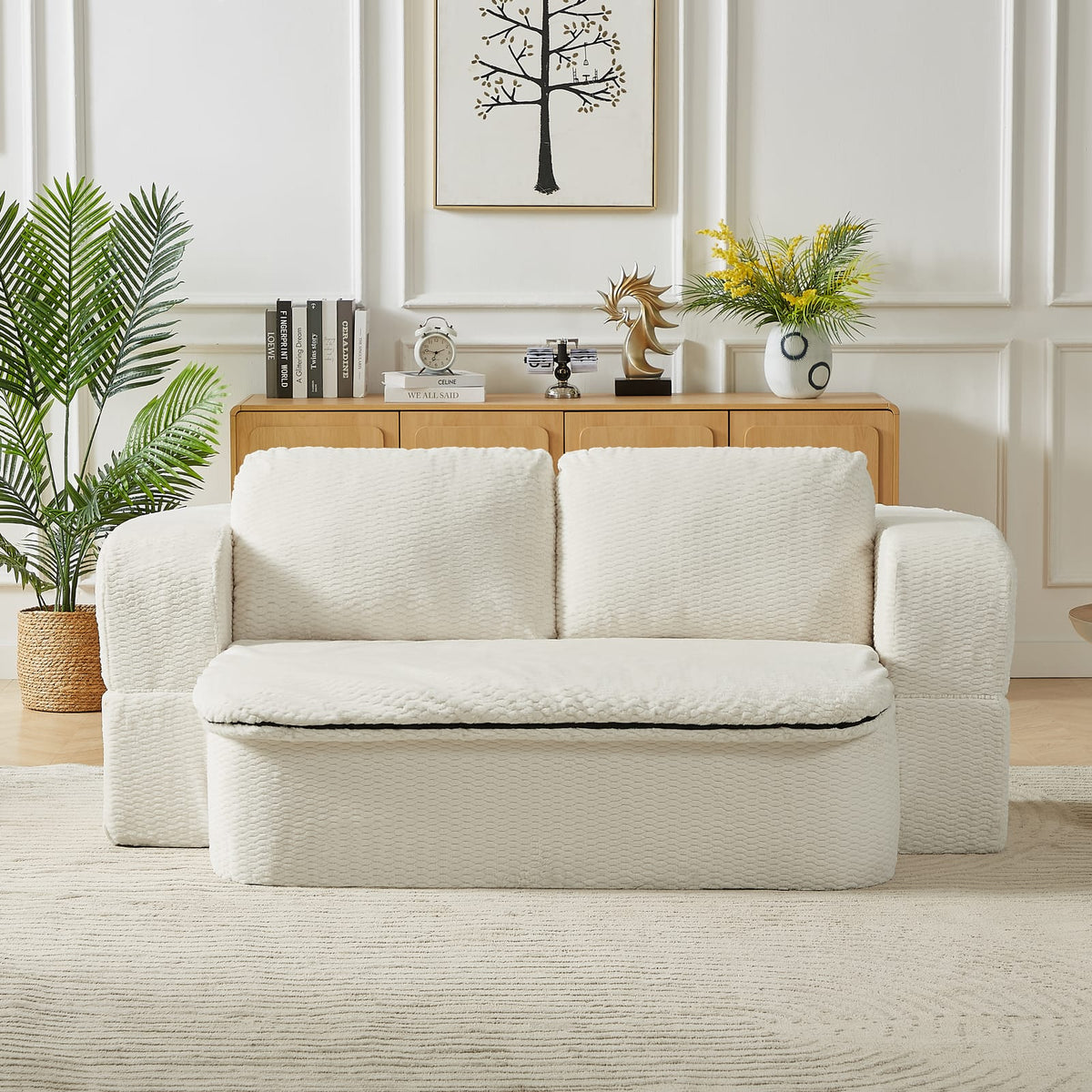 Cream Fabric Sofa Bed - 2-in-1 Folding Futon for Living Room