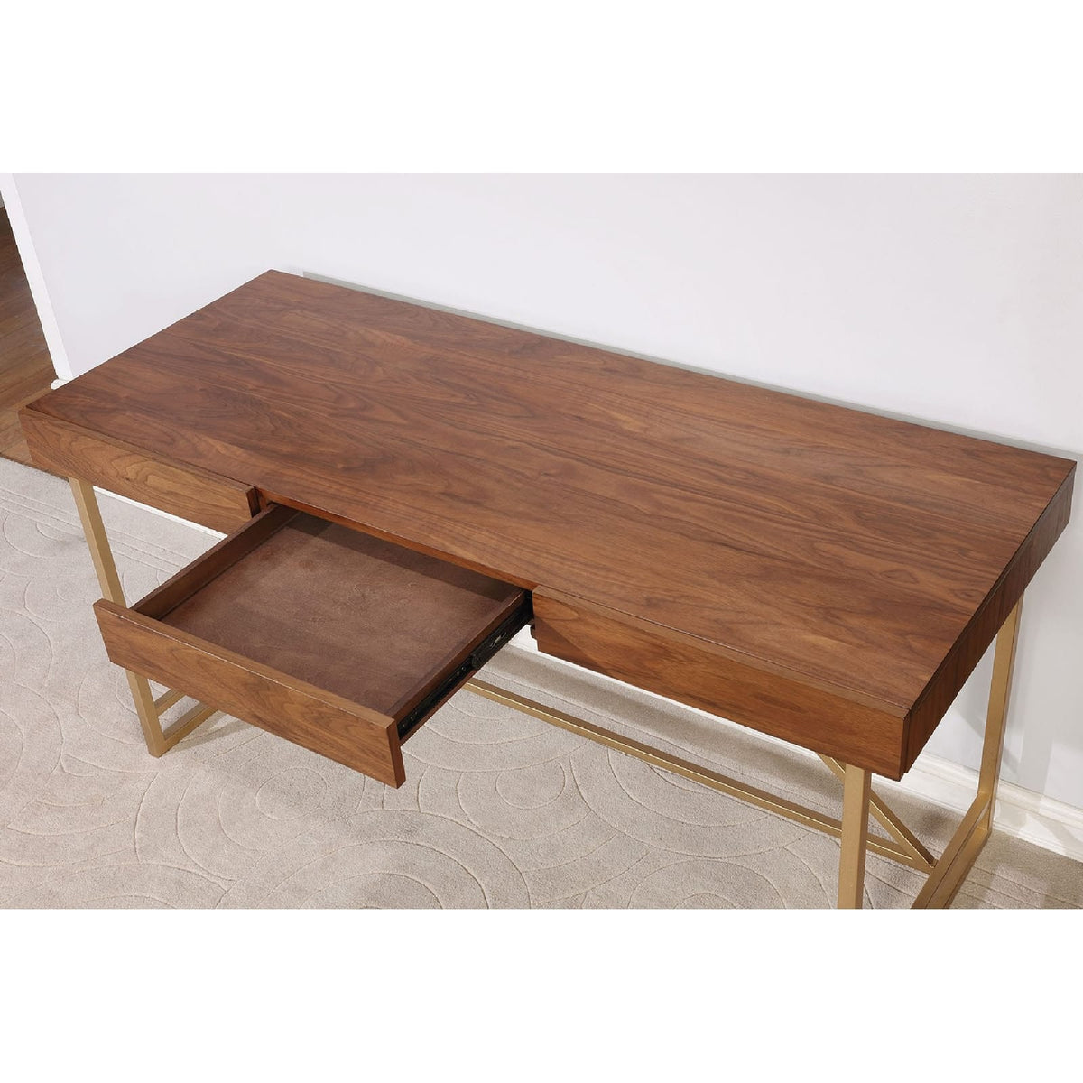 Modern Style Wooden Writing Desk - Walnut Brown & Gold