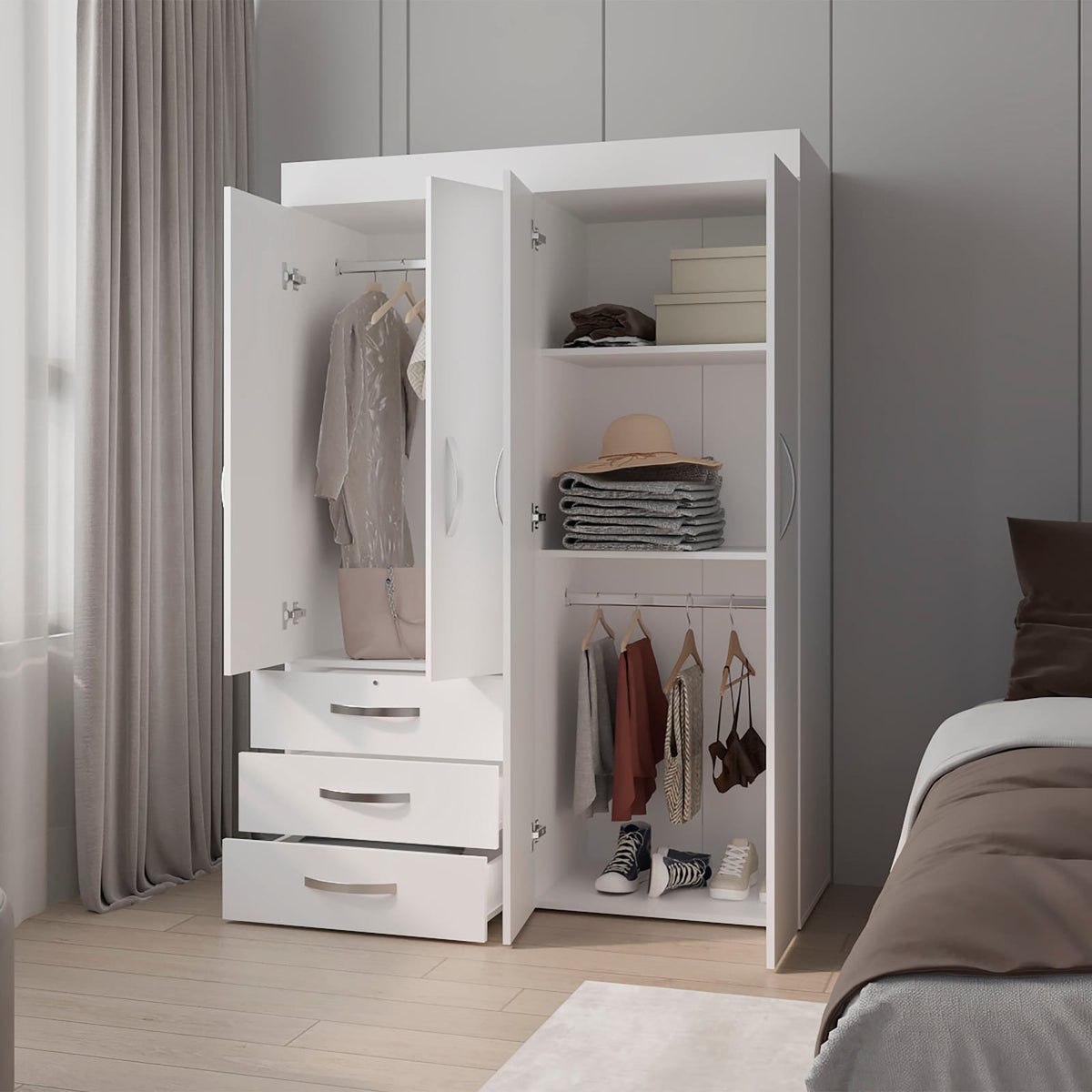 White 4-Door Bedroom Dresser with Storage