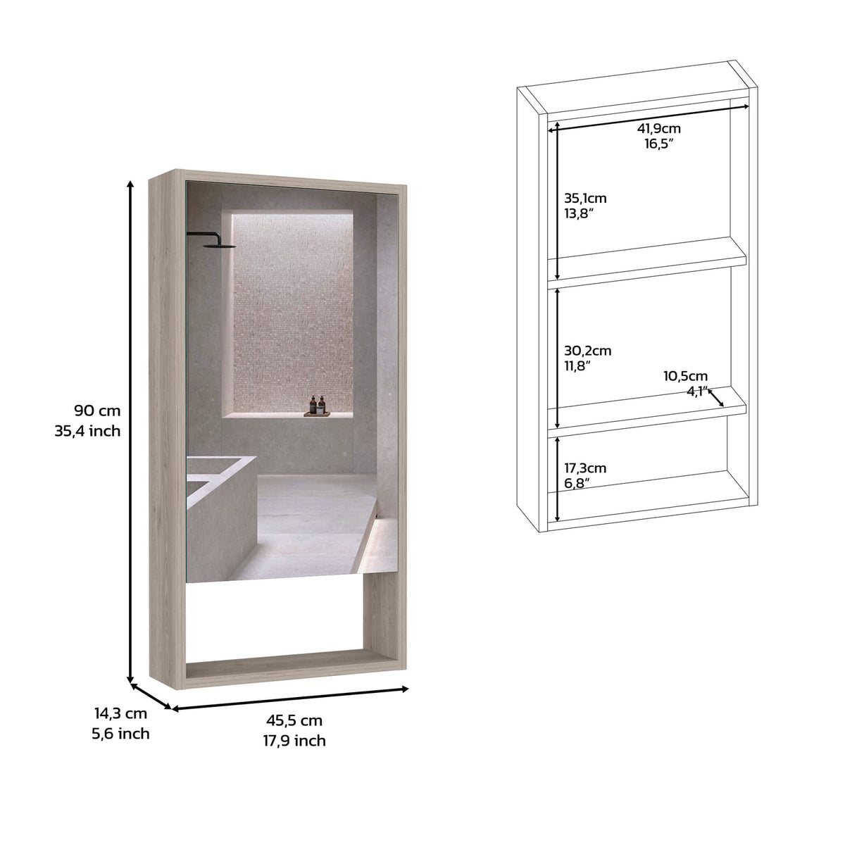 Light Gray Medicine Cabinet with Mirror - 35.4" Tall Storage Unit