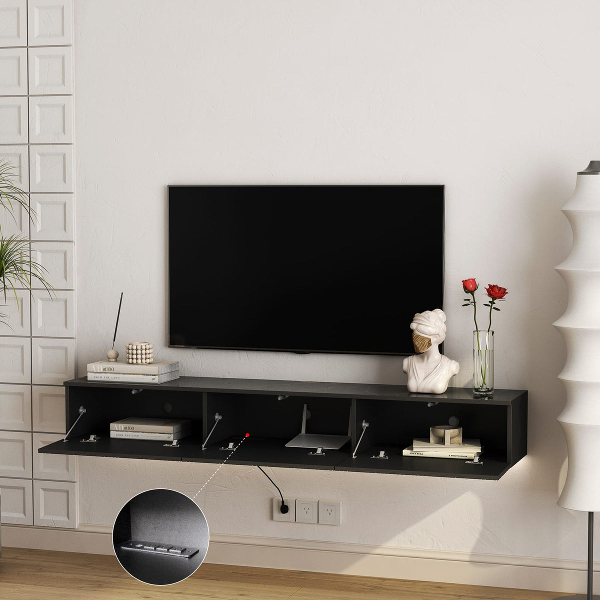 66 Inch Black MDF Floating TV Stand with LED Lights