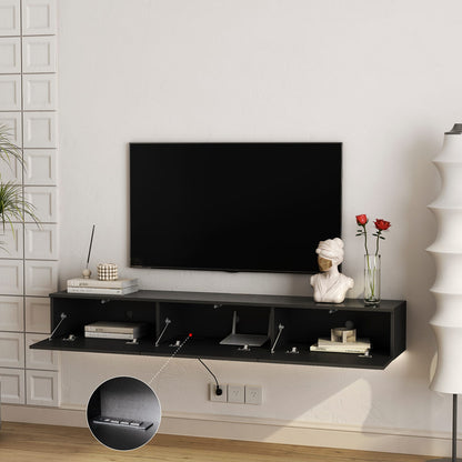66 Inch Black MDF Floating TV Stand with LED Lights