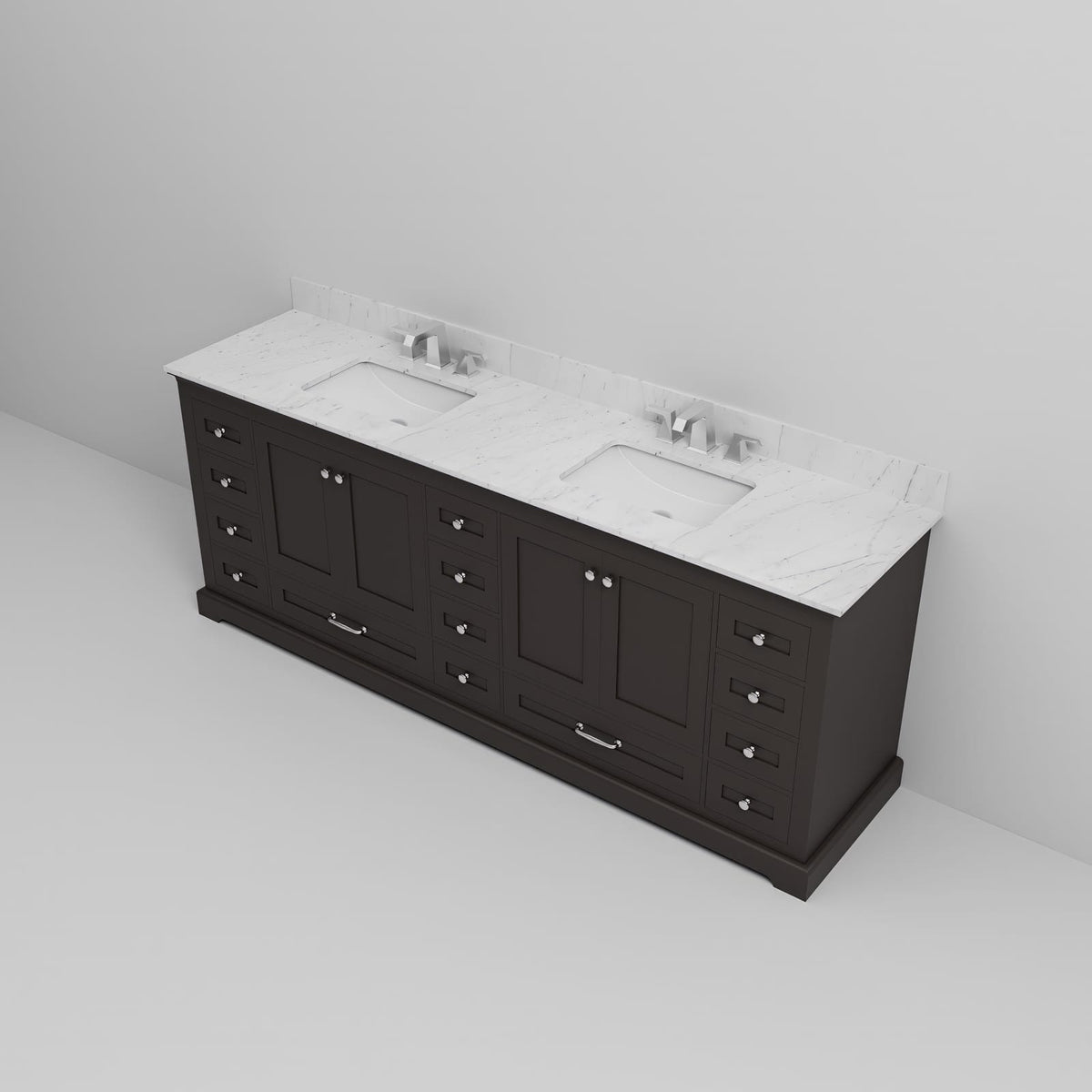 Espresso Double Bath Vanity - 84" W with Carrara Marble Top & Faucet