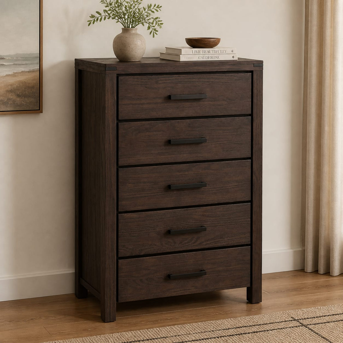 Dark Brown Pine 5-Drawer Chest - Bedroom Storage