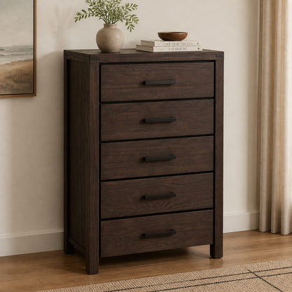 Dark Brown Pine 5-Drawer Chest - Bedroom Storage