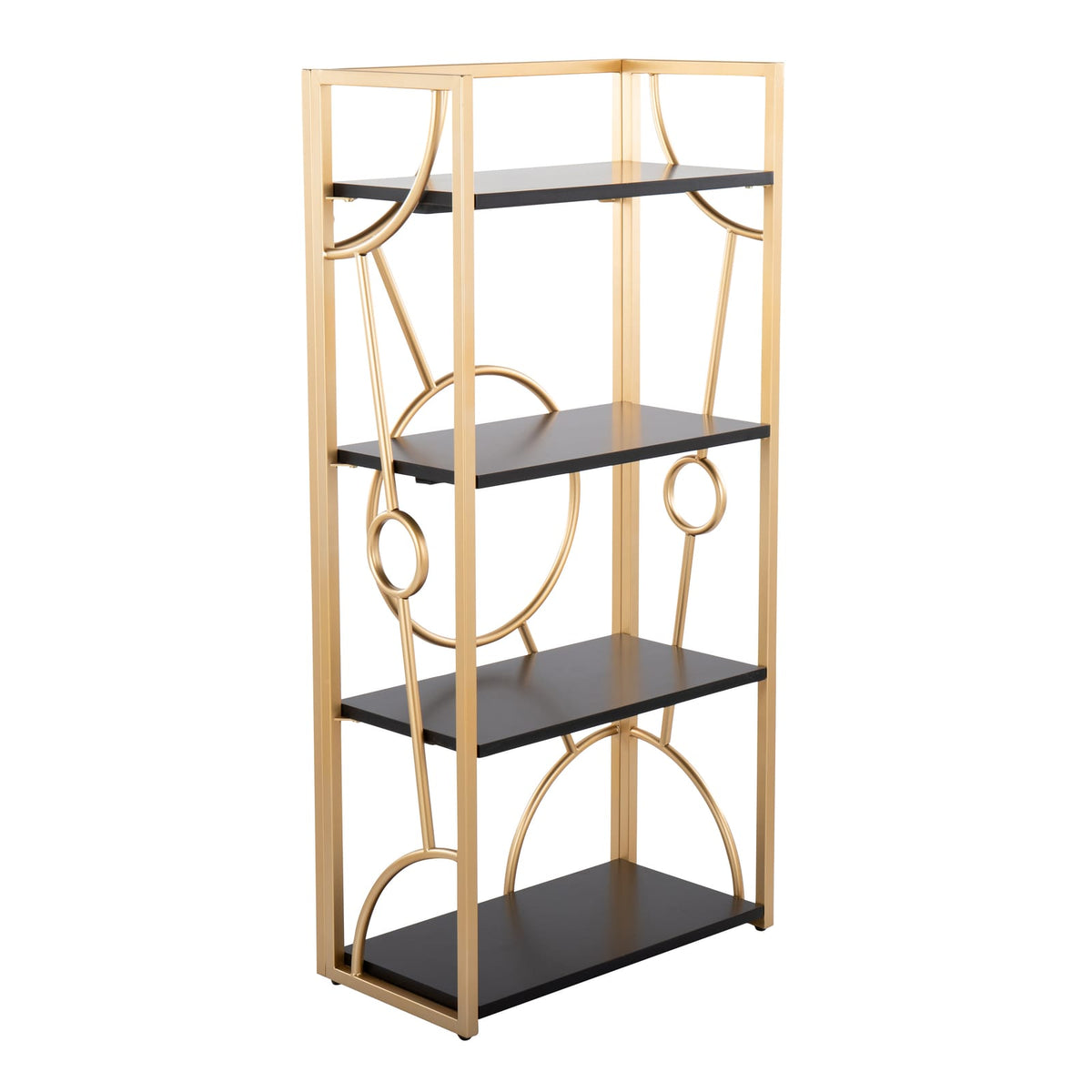 Contemporary Black Wood Bookcase - Gold Metal Frame