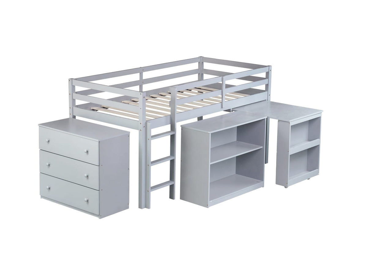 Twin Rubber Wood Loft Bed with Storage - Grey