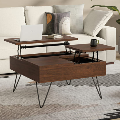 32 Inch Walnut Lift Top Square Coffee Table - Extendable Dining Table for Living Room