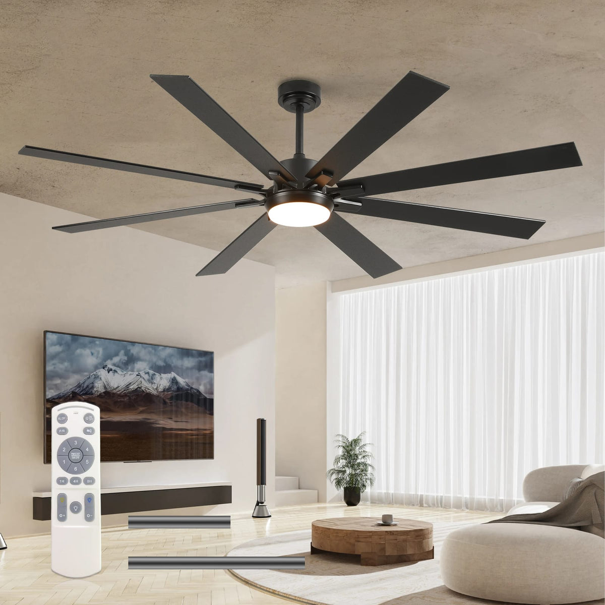 72 Inch Ceiling Fan with LED Light - Matte Black Wood Blades