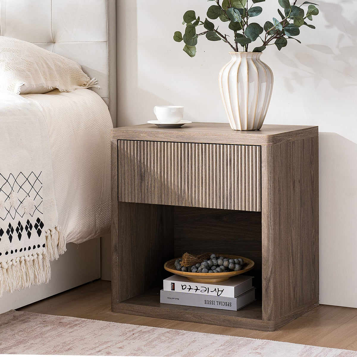 Ash Brown Nightstand with Drawer Storage - Large Modern Side Table