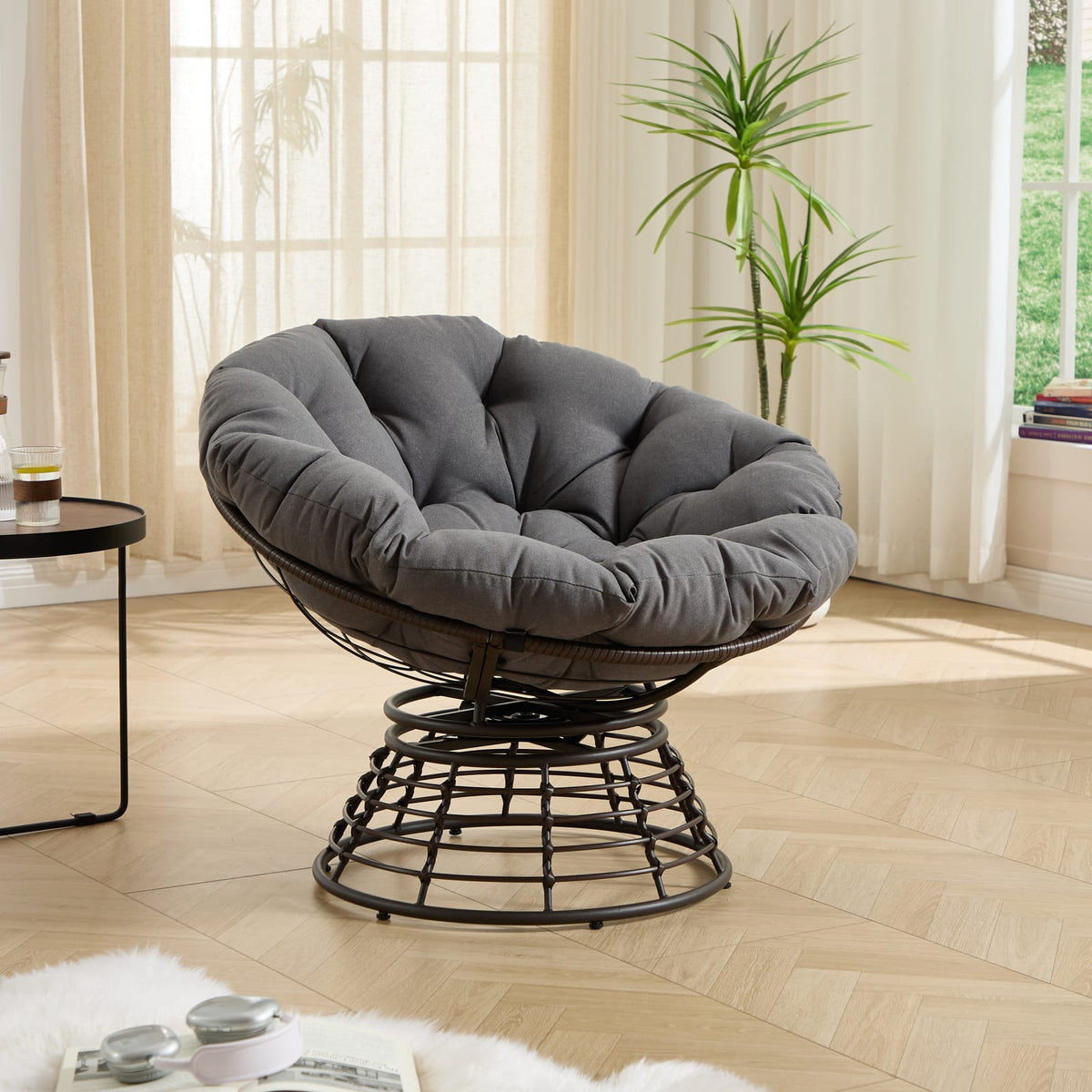 Grey Ergonomic Wicker Papasan Chair - 360° Swivel Indoor Outdoor Rattan Seat