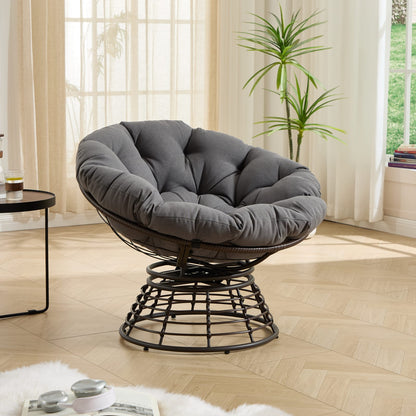 Grey Ergonomic Wicker Papasan Chair - 360° Swivel Indoor Outdoor Rattan Seat