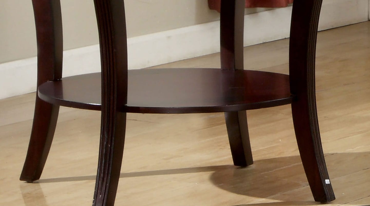 Contemporary Espresso End Table - Glass Top, Solid Wood Shelf
