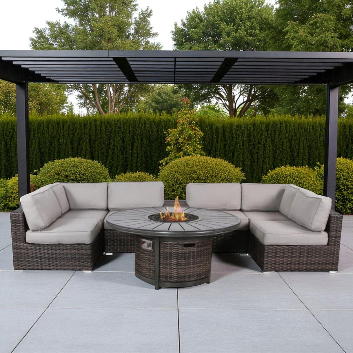 Brown Wicker Outdoor Patio Set with Fire Pit for Garden Living