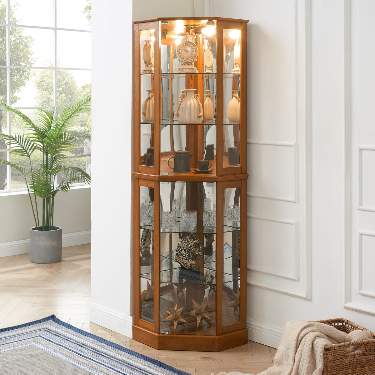 72" Oak Corner Curio Cabinet with Mirrored Panel & Lights