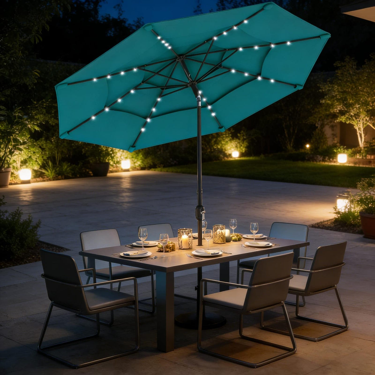 Teal Patio Umbrella with Solar LED Lights - 117" Diameter