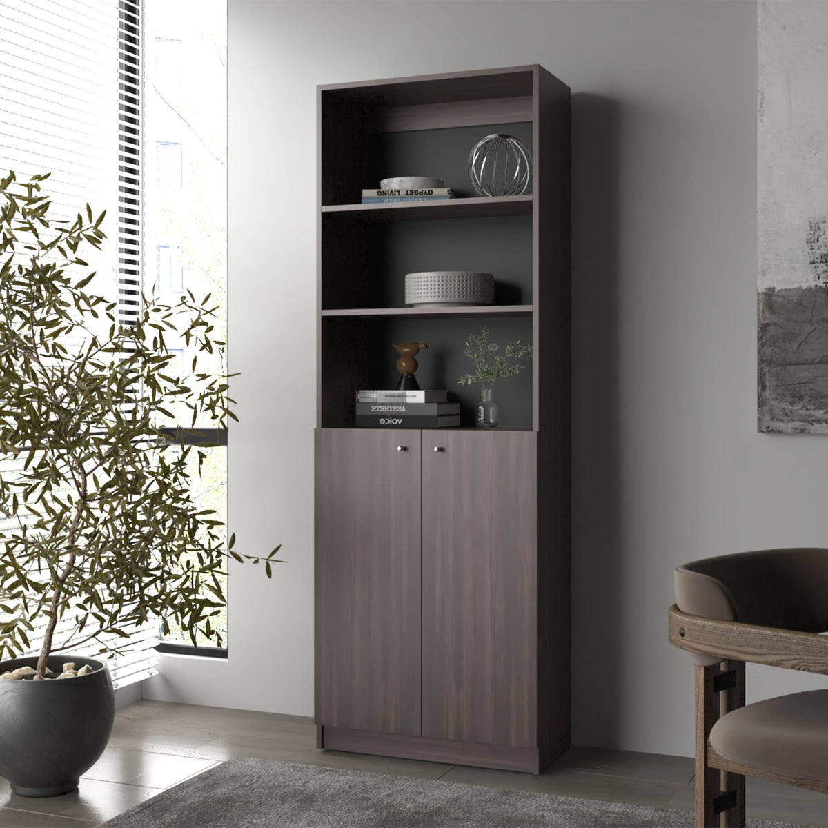 Stained Walnut Bookcase with Open Storage and 2 Doors - 5 Shelves