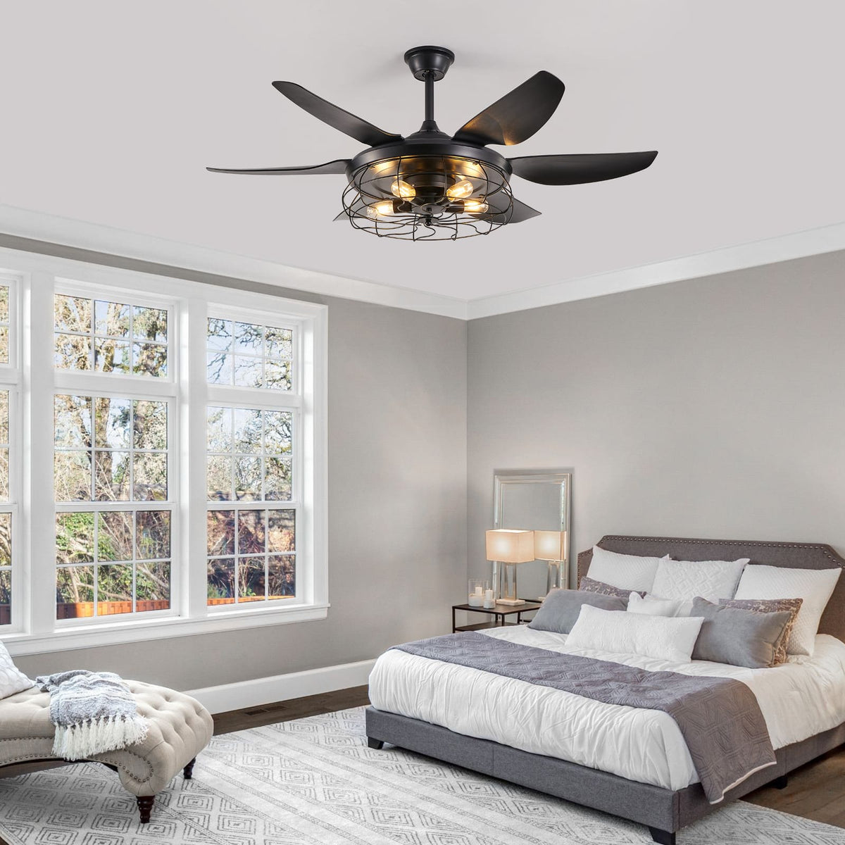 Black Iron Ceiling Fan with Light for Bedroom Decor and Guest Rooms