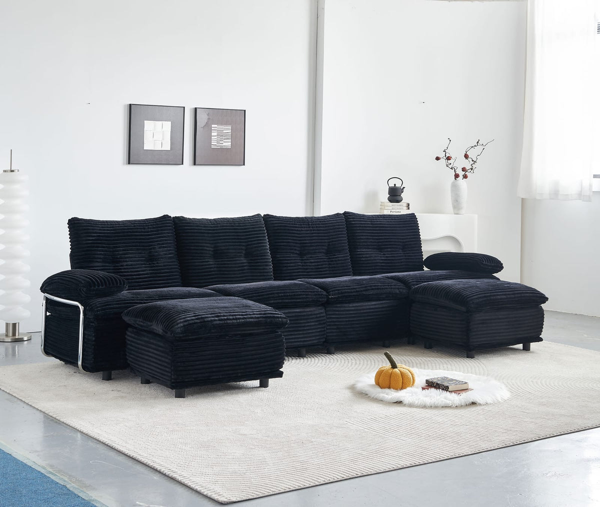 Black Corduroy Sectional Sofa - 4 Seat with Ottomans