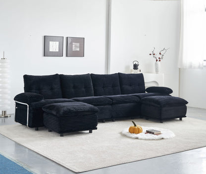 Black Corduroy Sectional Sofa - 4 Seat with Ottomans