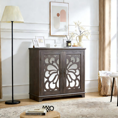 Dark Brown MDF Sideboard Buffet with Mirrored Doors & Adjustable Shelves