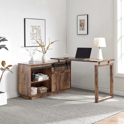 L-Shaped Desk with Storage Credenza - Brown for Home Office